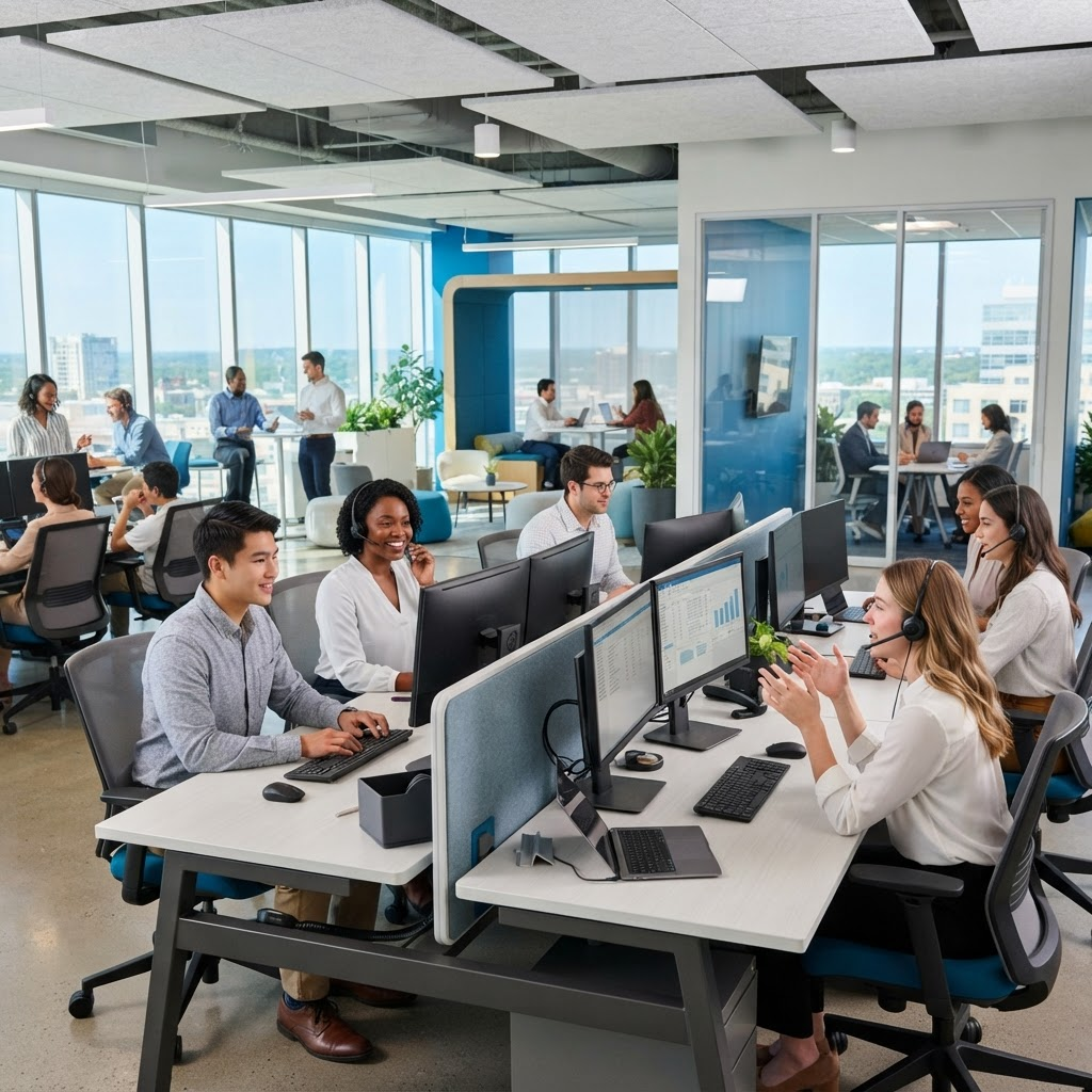 A professional support team collaborating in a modern office